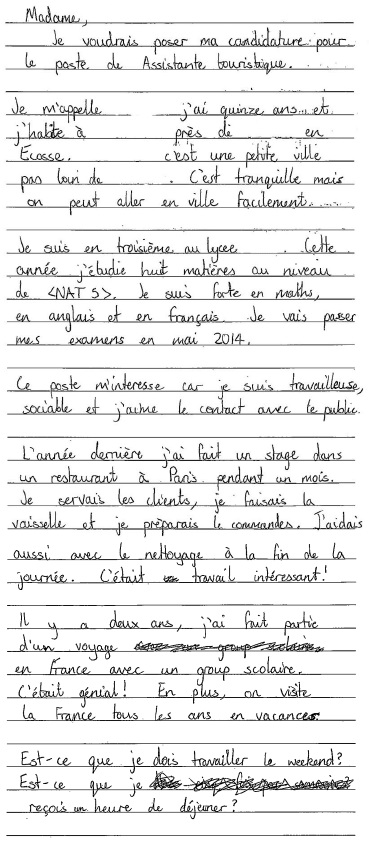 handwritten candidate 2 evidence in French