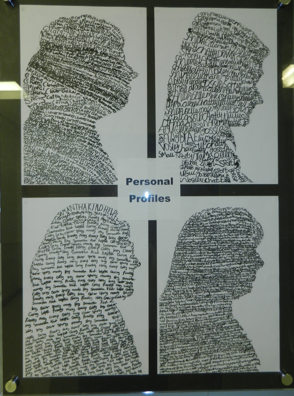 Four profiles filled with handwritten text.